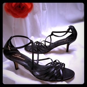 Delman black leather strappy kitten heel sandals